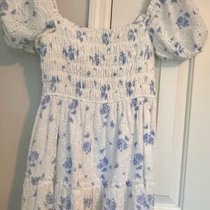 Altar’d State Smocked White Mini Dress with Blue Floral Print